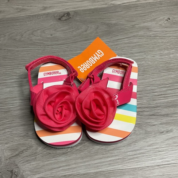 NWT Gymboree Pink Striped Flip Flops Sandals w/ Pink Rosette Baby Girl Size‎ 3-4 - Picture 1 of 2